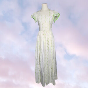 Vtg 60s Handmade Green White Prairie Cottagecore Cotton Floral Tank Dress Sz XS